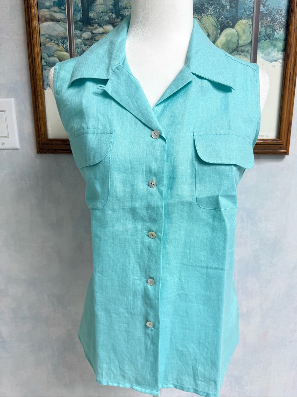 NWOT 100% Irish Linen Sleeveless Button-Front wCollar & Pockets Mint Green Shirt